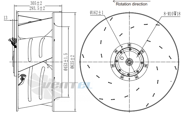Присоединительные размеры Fans-tech SC630B2-AL5-01 с обратно загнутыми лопатками AC