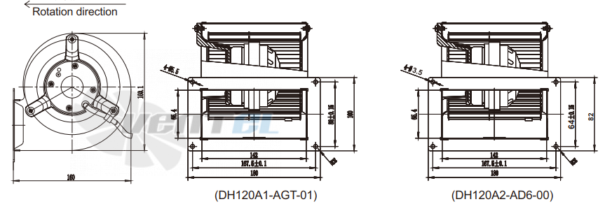 Присоединительные размеры Fans-tech DH120A2-AD6-00 с вперед загнутыми лопатками AC
