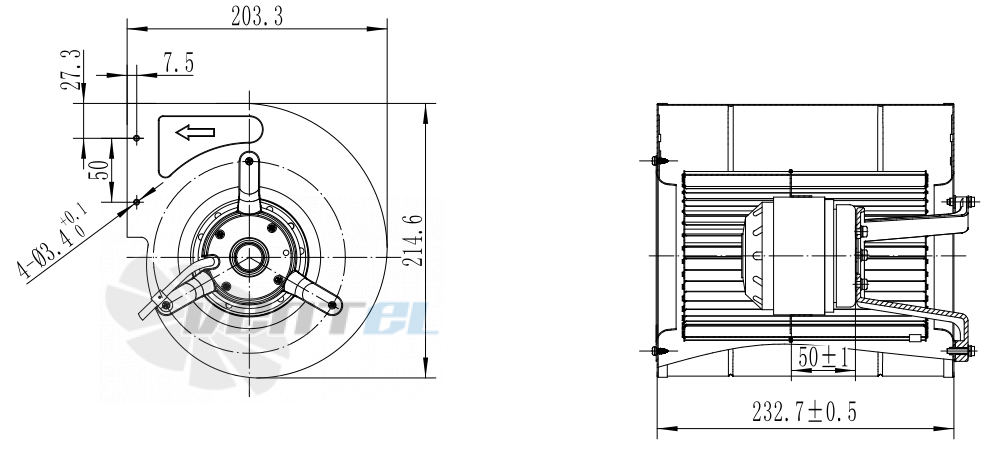 Присоединительные размеры Fans-tech DH133A1-AGT-10 с вперед загнутыми лопатками AC