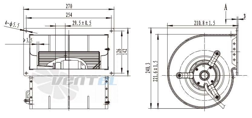 Присоединительные размеры Fans-tech DH146A1-AG5-30 с вперед загнутыми лопатками AC