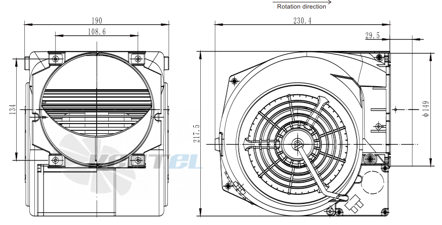 Присоединительные размеры Fans-tech DH146A1-AF6-05 с вперед загнутыми лопатками AC