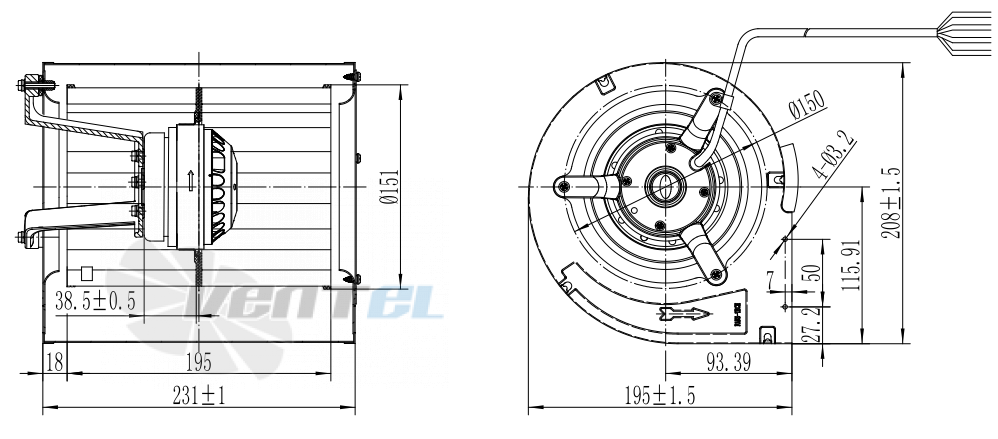 Присоединительные размеры Fans-tech DH151A2-AGT-00 с вперед загнутыми лопатками AC
