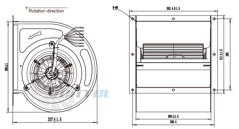 Присоединительные размеры Fans-tech DH230A2-AG5-01 с вперед загнутыми лопатками AC