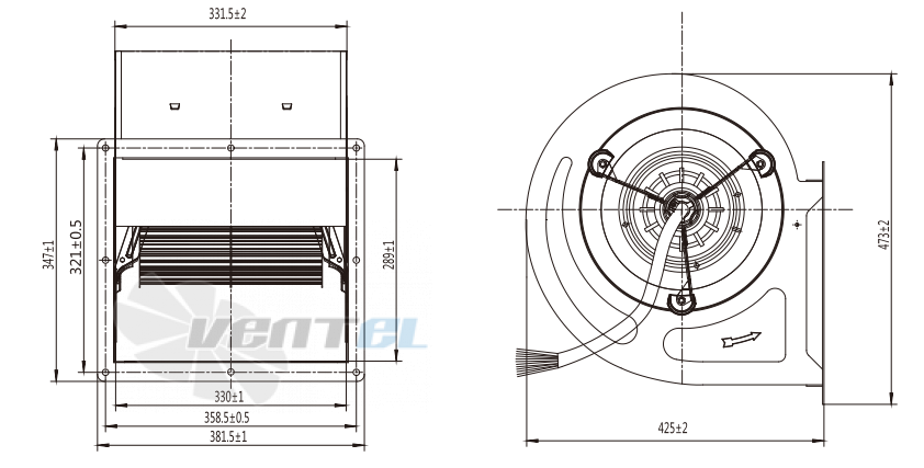 Присоединительные размеры Fans-tech DH280A3-AGT-01 с вперед загнутыми лопатками AC