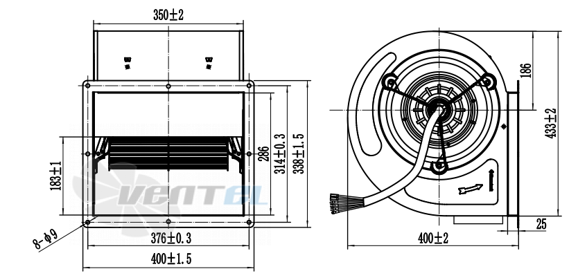Присоединительные размеры Fans-tech DH280B2-AK5-00 с вперед загнутыми лопатками AC