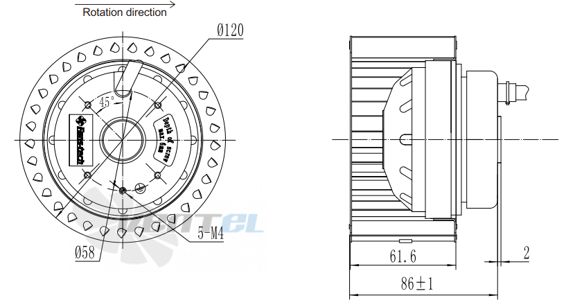 Присоединительные размеры Fans-tech SC120A1-AGT-00 с вперед загнутыми лопатками AC