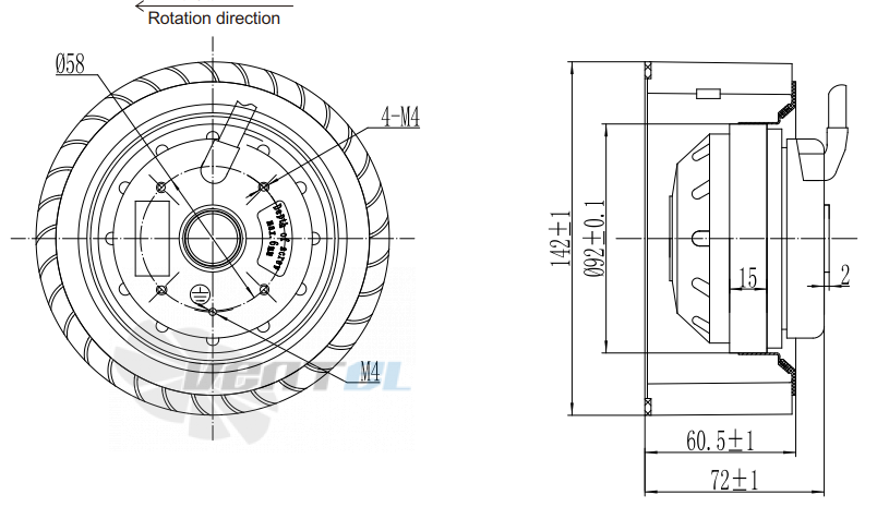 Присоединительные размеры Fans-tech SC140A1-AG5-22 с вперед загнутыми лопатками AC