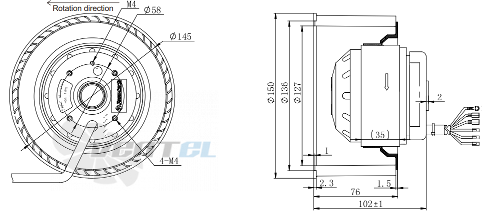 Присоединительные размеры Fans-tech SC150A1-068-001 с вперед загнутыми лопатками AC
