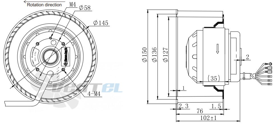 Присоединительные размеры Fans-tech SC150A1-068-000 с вперед загнутыми лопатками AC
