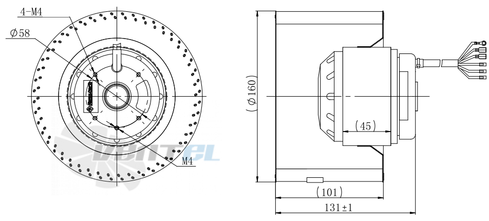 Присоединительные размеры Fans-tech SC160A1-068-000 с вперед загнутыми лопатками AC