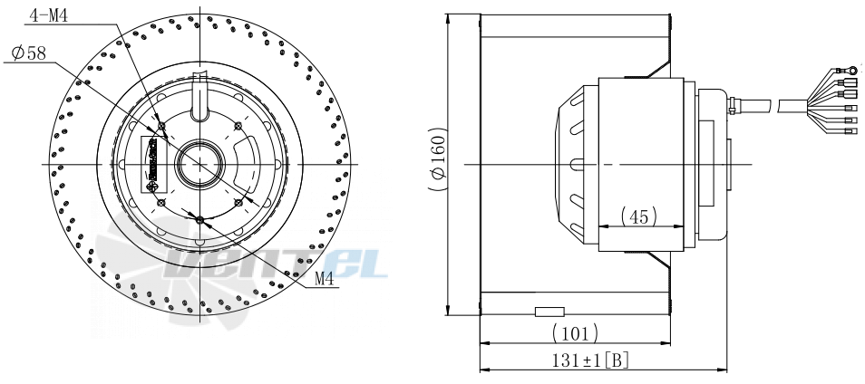 Присоединительные размеры Fans-tech SC160A1-068-001 с вперед загнутыми лопатками AC
