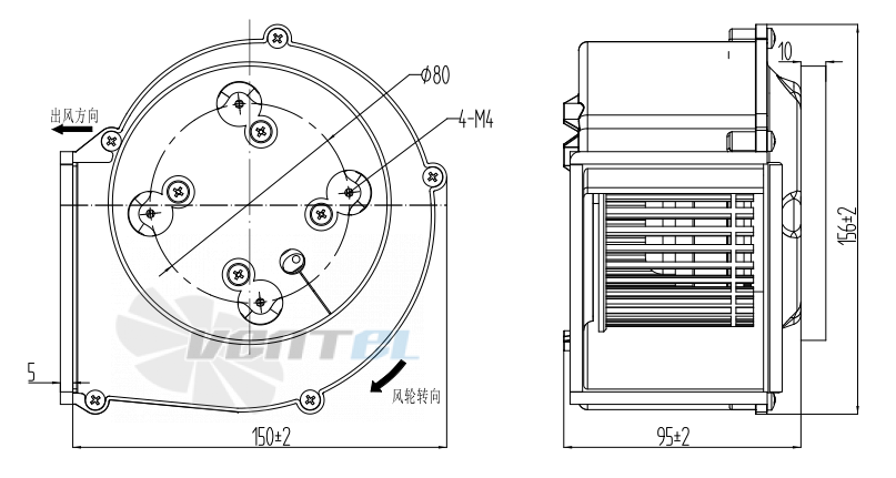 Присоединительные размеры Fans-tech SH102A1-052-000-001 с вперед загнутыми лопатками AC