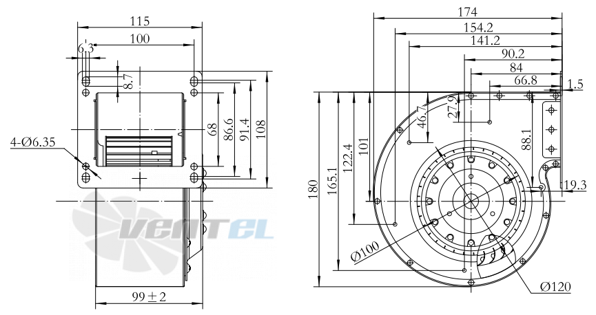 Присоединительные размеры Fans-tech SH120A1-AC6-01 с вперед загнутыми лопатками AC