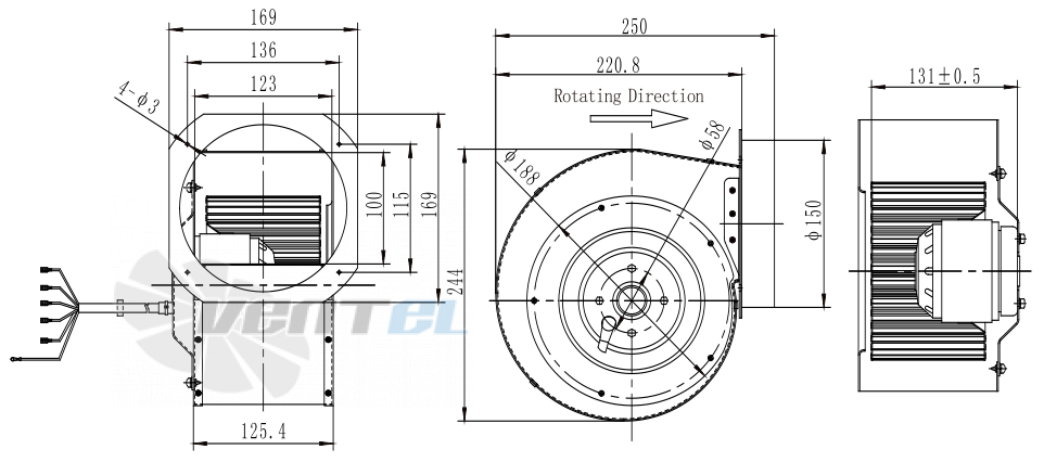 Присоединительные размеры Fans-tech SH160A1-AG5-00 с вперед загнутыми лопатками AC