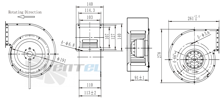 Присоединительные размеры Fans-tech SH180A2-AC6-04 с вперед загнутыми лопатками AC