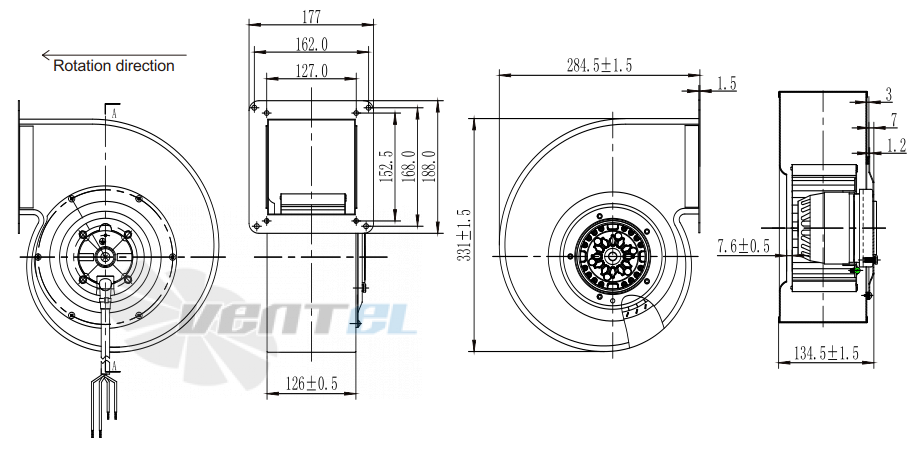 Присоединительные размеры Fans-tech SH180A2-AGT-01 с вперед загнутыми лопатками AC