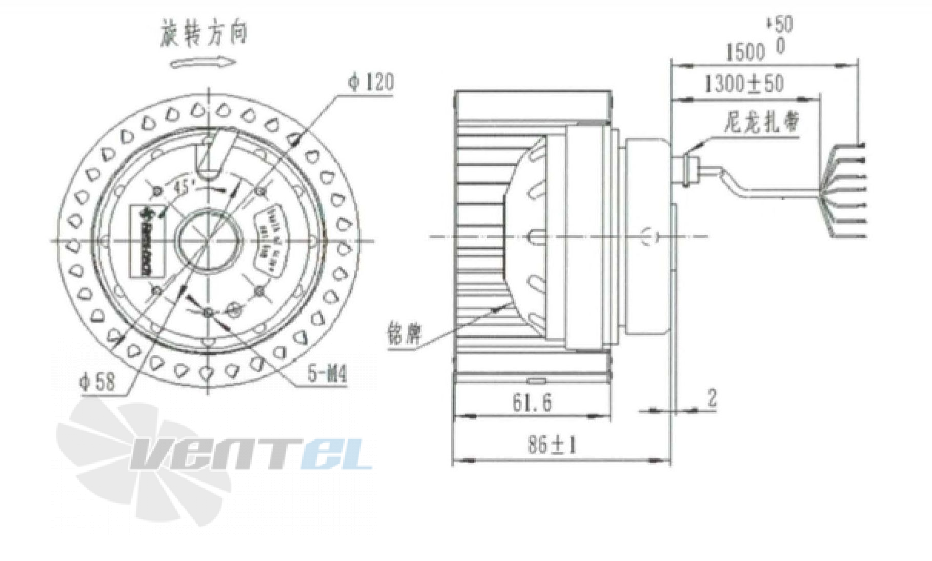 Присоединительные размеры Fans-tech SC120A1-068-000 с вперед загнутыми лопатками AC