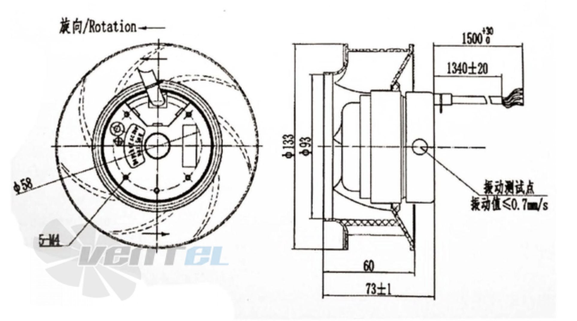 Присоединительные размеры Fans-tech SC133A1-052-000 с вперед загнутыми лопатками AC