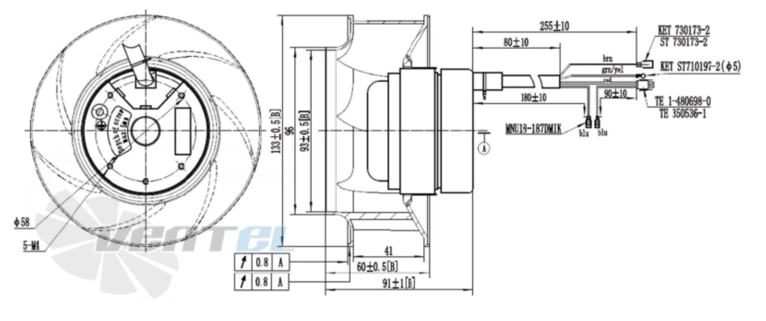 Присоединительные размеры Fans-tech SC133A1-052-000SC133A1-AC6-03 с вперед загнутыми лопатками AC