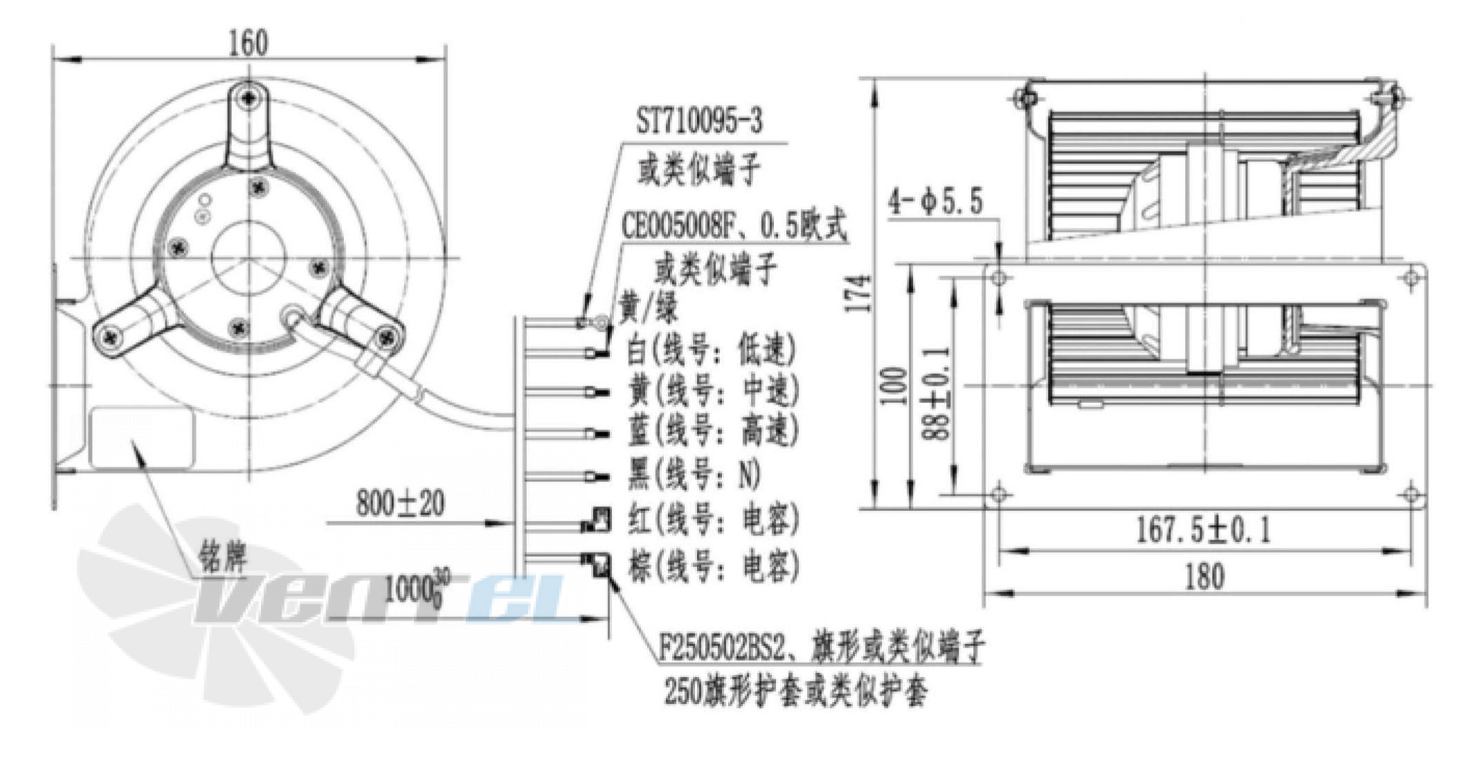 Присоединительные размеры Fans-tech DH120A1-AGT-03 с вперед загнутыми лопатками AC