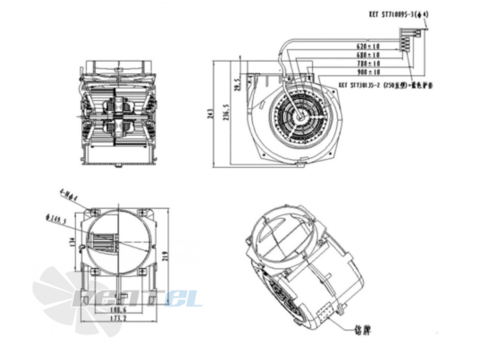 Присоединительные размеры Fans-tech DH133A1-AB6-00 с вперед загнутыми лопатками AC