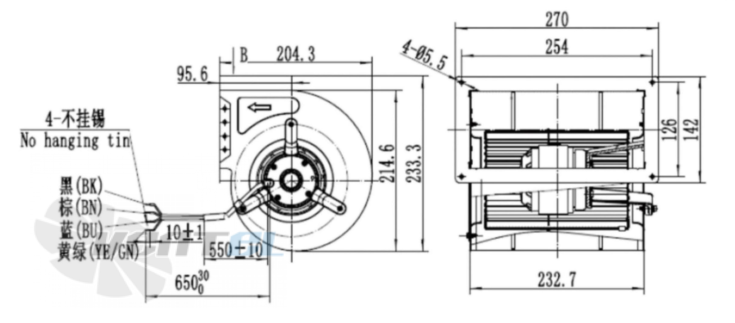 Присоединительные размеры Fans-tech DH133A1-AC6-01 с вперед загнутыми лопатками AC