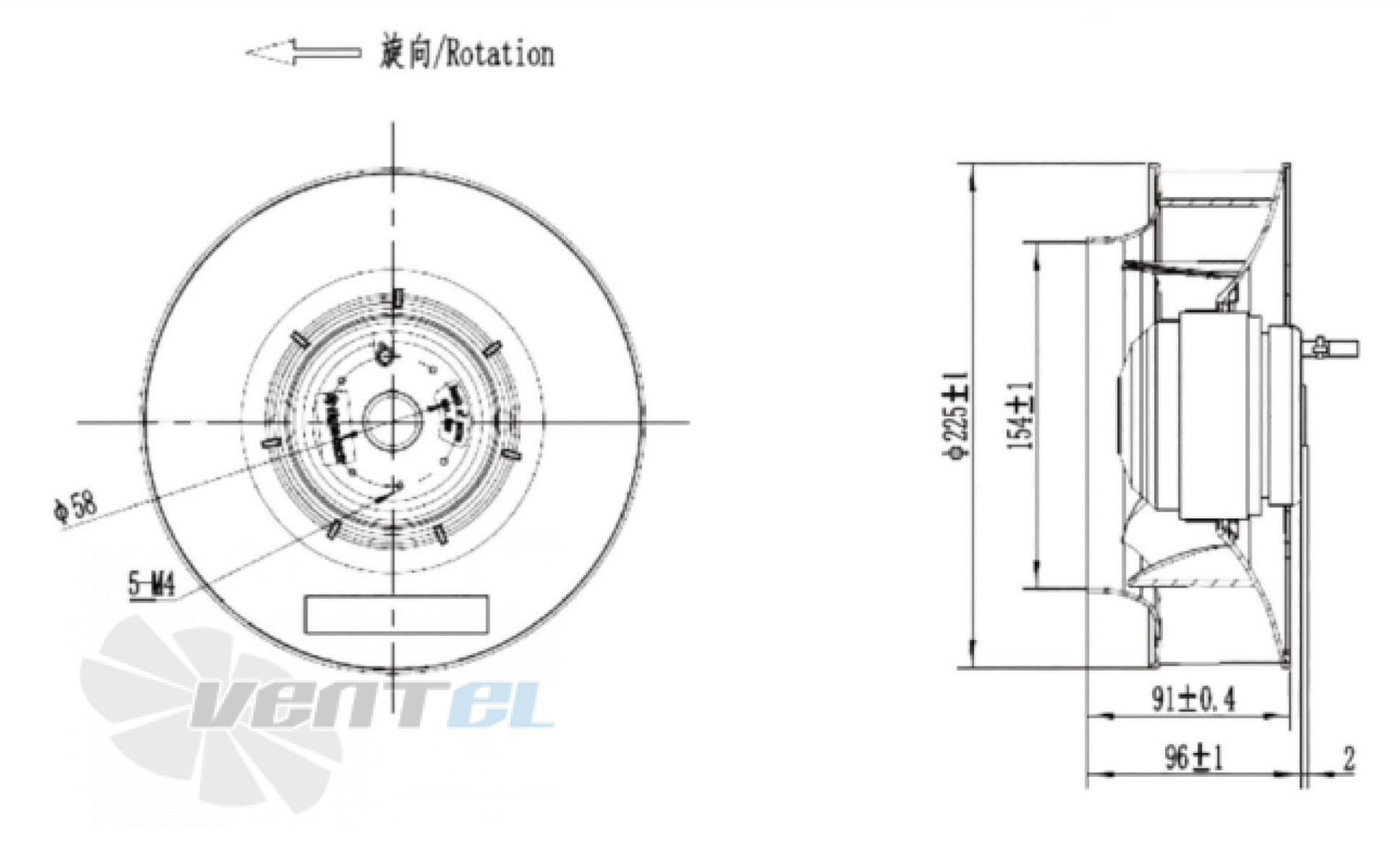 Присоединительные размеры Fans-tech SC225A1-068-0NN с обратно загнутыми лопатками AC