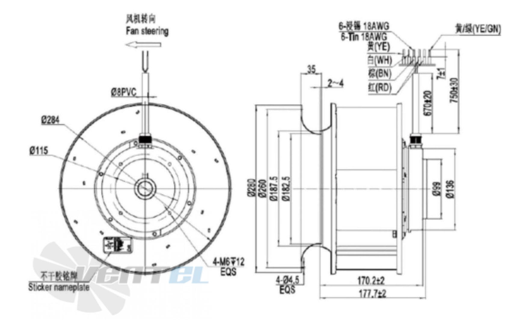 Присоединительные размеры Fans-tech SC280B1-AL5-00 с обратно загнутыми лопатками AC
