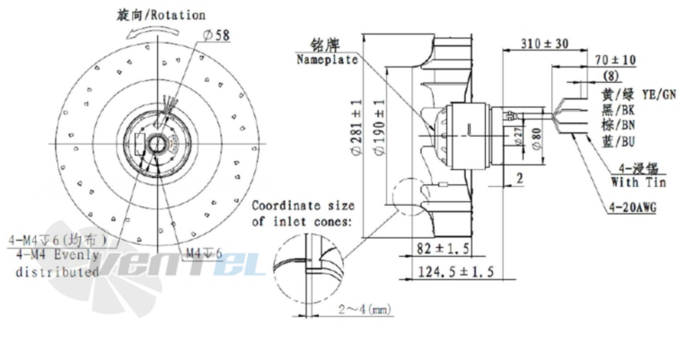 Присоединительные размеры Fans-tech SC280A1-068-000 с обратно загнутыми лопатками AC