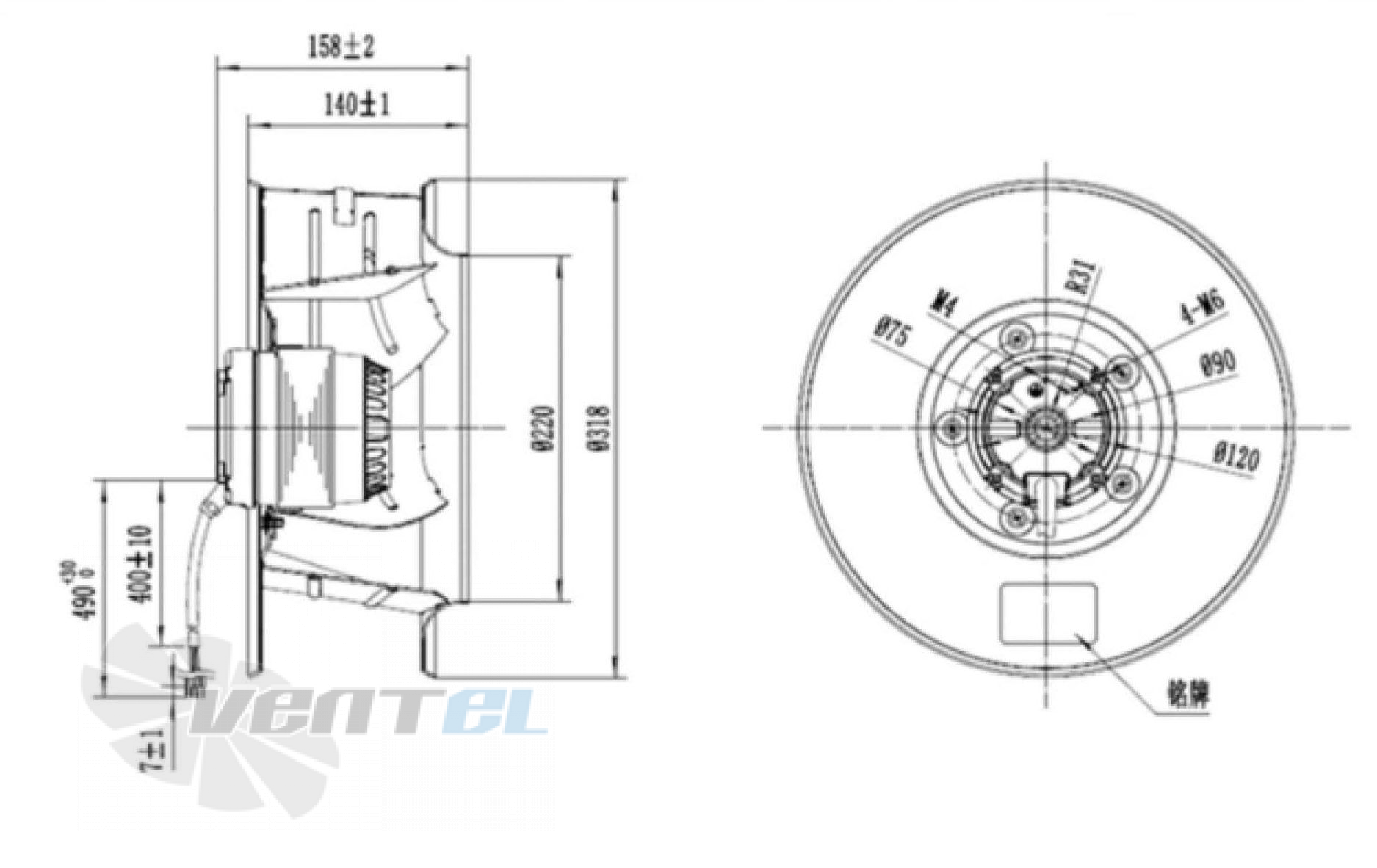 Присоединительные размеры Fans-tech SC320A2-AD6-00 с обратно загнутыми лопатками AC
