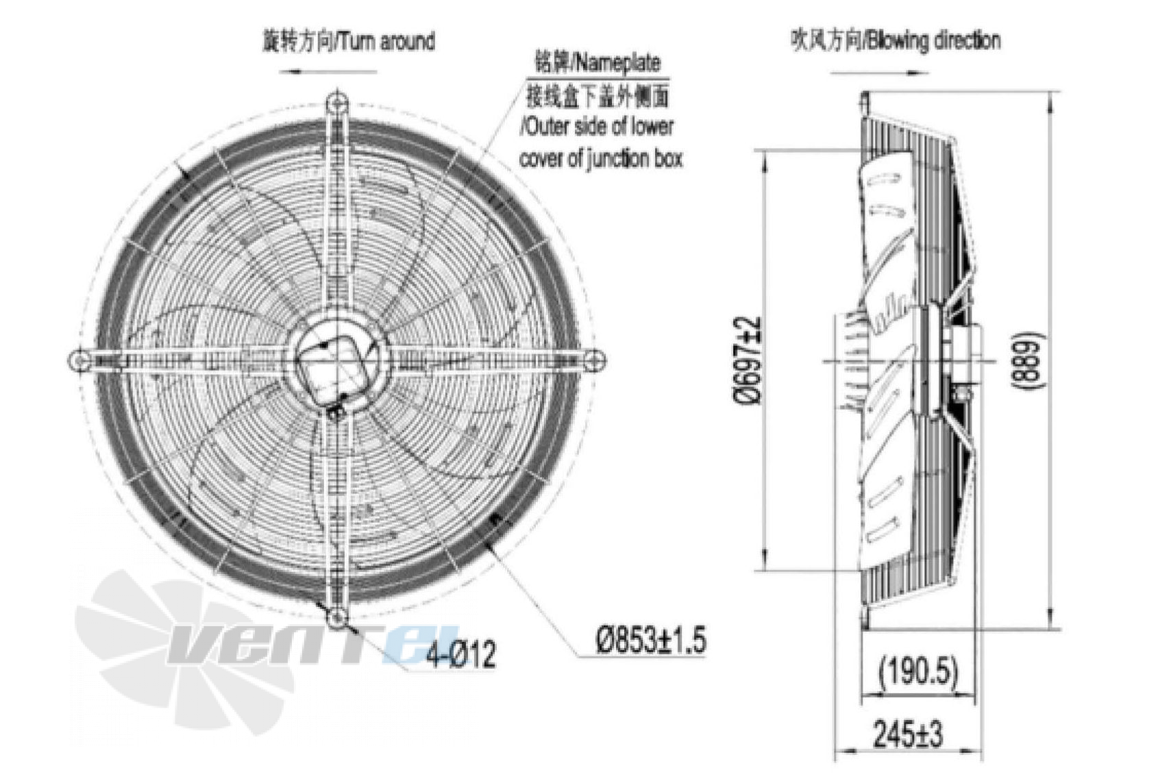 Присоединительные размеры Fans-tech AG710B3-AL5-00 осевой AC