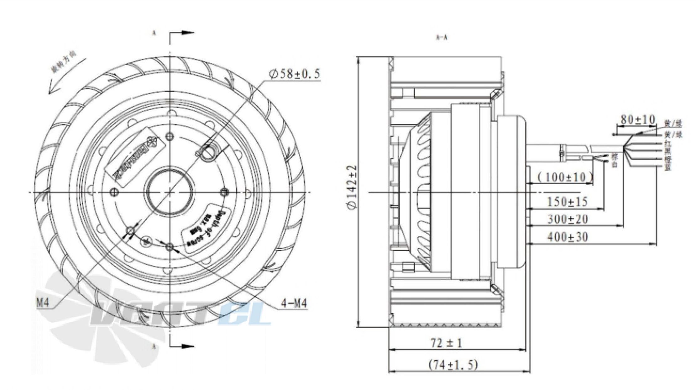 Присоединительные размеры Fans-tech SC140A1-068-005 с вперед загнутыми лопатками AC