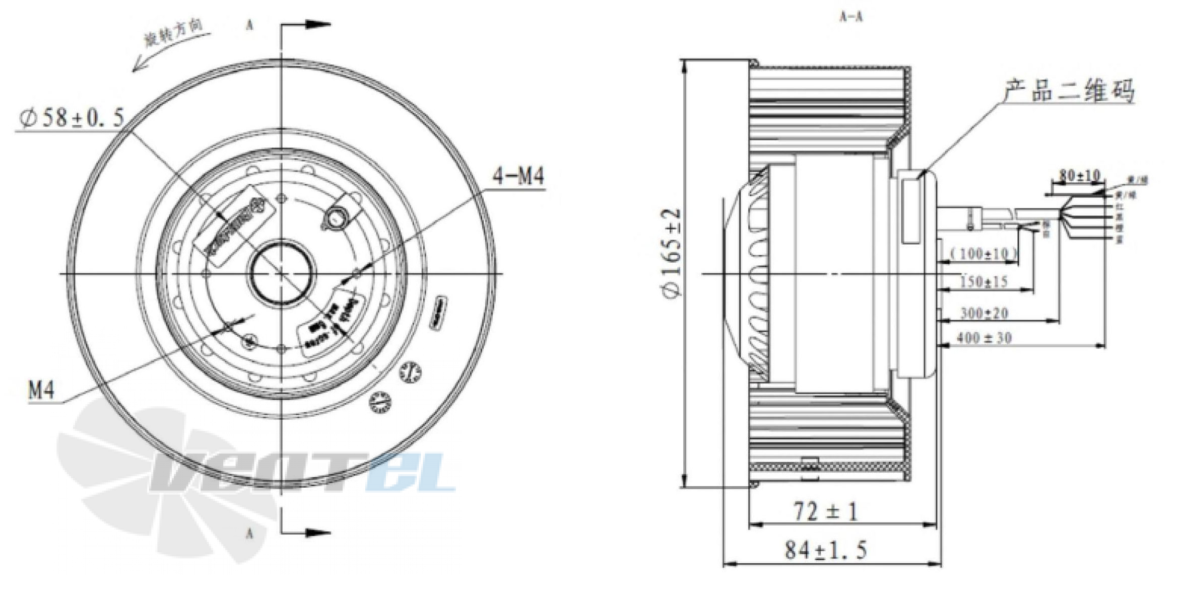 Присоединительные размеры Fans-tech SC160A1-068-005 с вперед загнутыми лопатками AC
