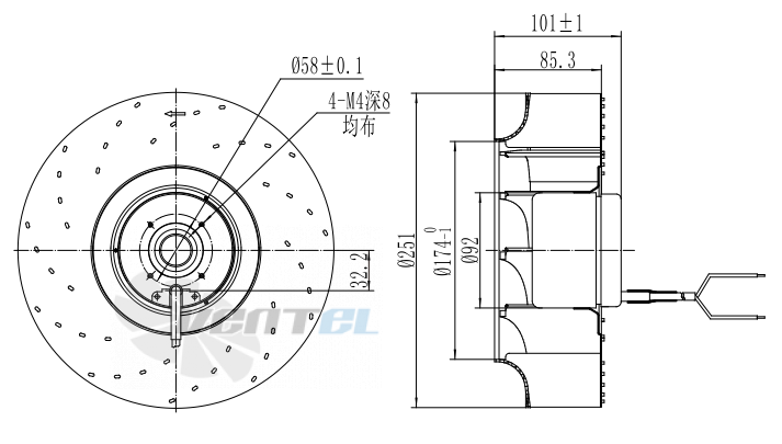 Присоединительные размеры Fans-tech SC250D3-DC0-03 с обратно загнутыми лопатками AC