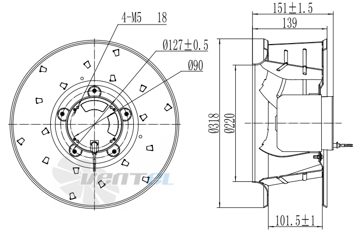 Присоединительные размеры Fans-tech SC310E5-DF0-10 с обратно загнутыми лопатками AC