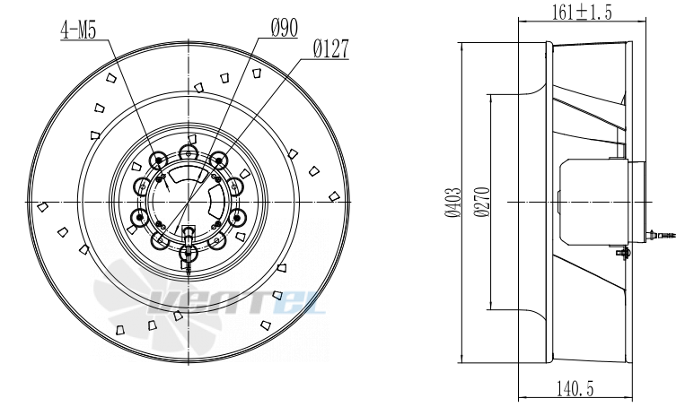 Присоединительные размеры Fans-tech SC400E5-DF0-02 с обратно загнутыми лопатками AC