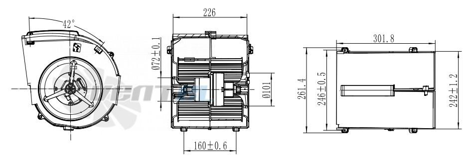 Присоединительные размеры Fans-tech DH196F4-055-000-402 с вперед загнутыми лопатками DC