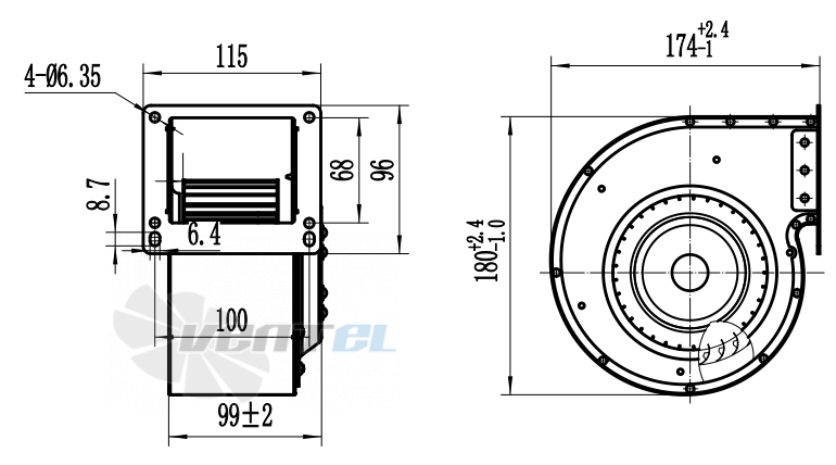 Присоединительные размеры Fans-tech DH120E2-DC0-00 с вперед загнутыми лопатками DC