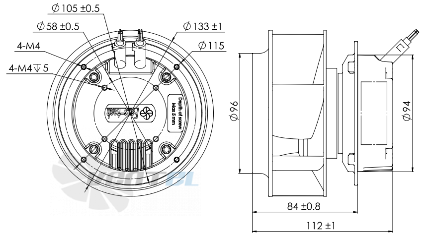 Присоединительные размеры Fans-tech SC133E2-055-000-101 с обратно загнутыми лопатками EC