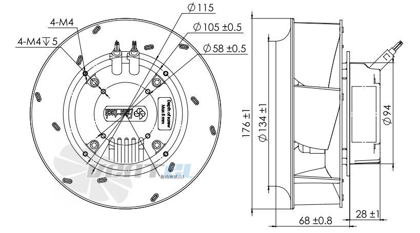 Присоединительные размеры Fans-tech SC175E2-055-000-101 с обратно загнутыми лопатками EC