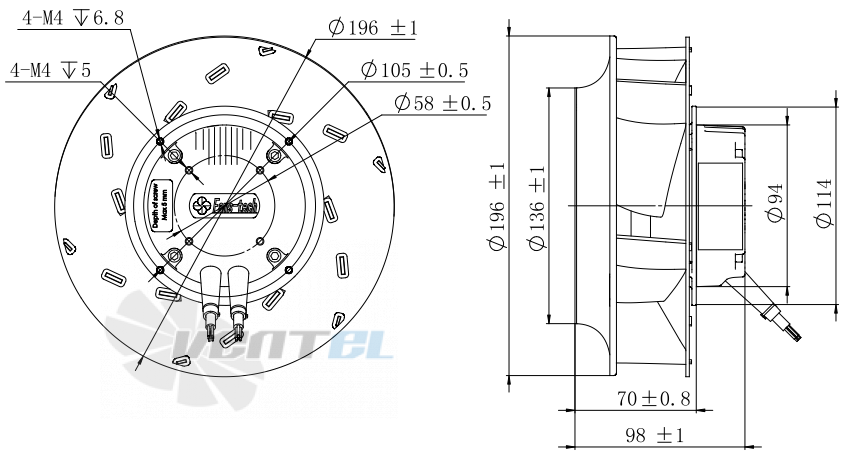Присоединительные размеры Fans-tech SC190E2-055-A00 с обратно загнутыми лопатками EC