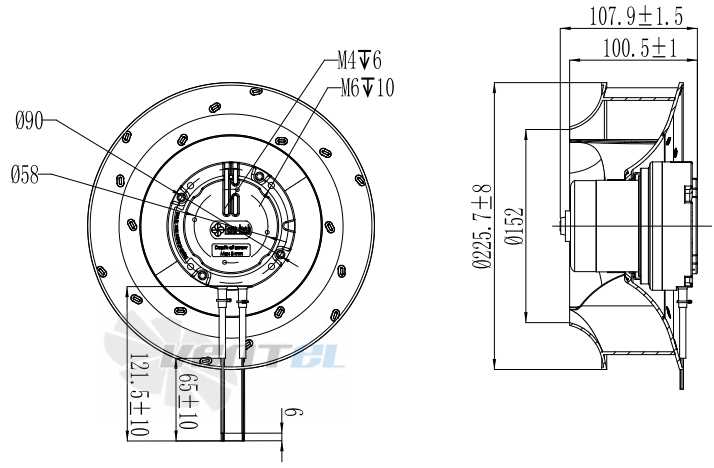 Присоединительные размеры Fans-tech SC225E2-AGT-05 с обратно загнутыми лопатками EC