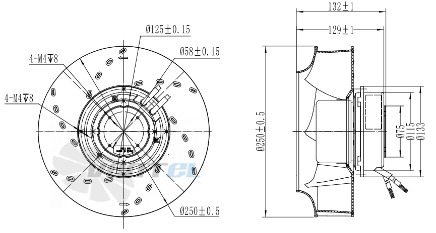 Присоединительные размеры Fans-tech SC250E5-AGT-03 с обратно загнутыми лопатками EC