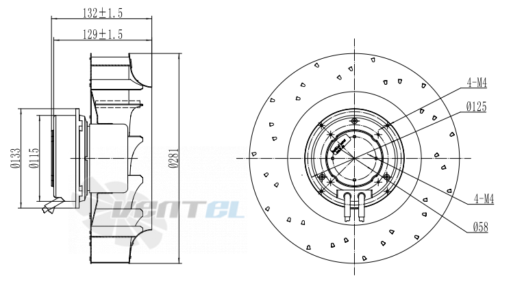 Присоединительные размеры Fans-tech SC280E5-AGT-01 с обратно загнутыми лопатками EC