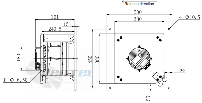 Присоединительные размеры Fans-tech SC355F5-AKT-00 с обратно загнутыми лопатками EC