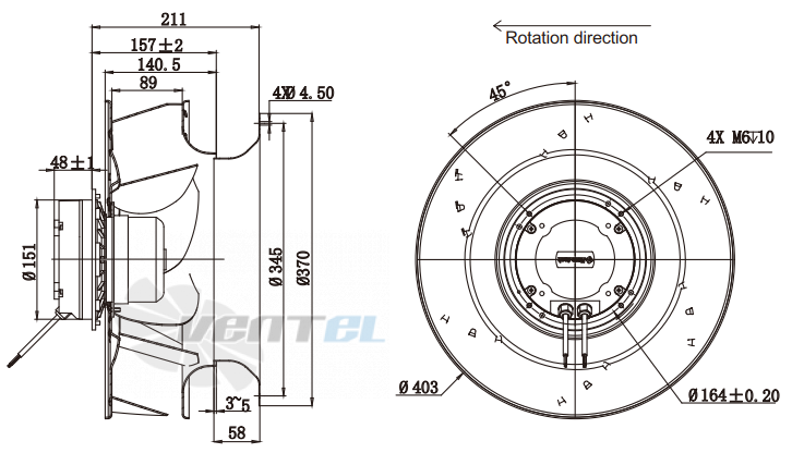 Присоединительные размеры Fans-tech SC400E5-AGT-02 с обратно загнутыми лопатками EC