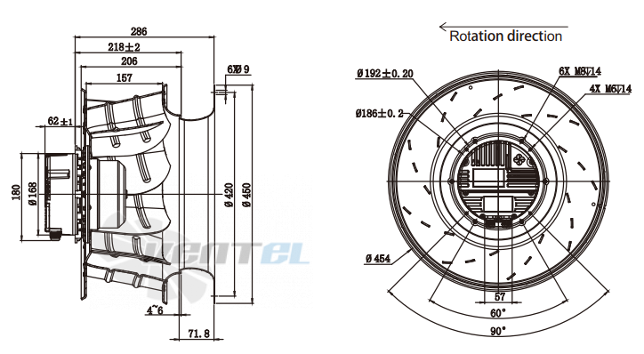 Присоединительные размеры Fans-tech SC450F5-AKT-00 с обратно загнутыми лопатками EC