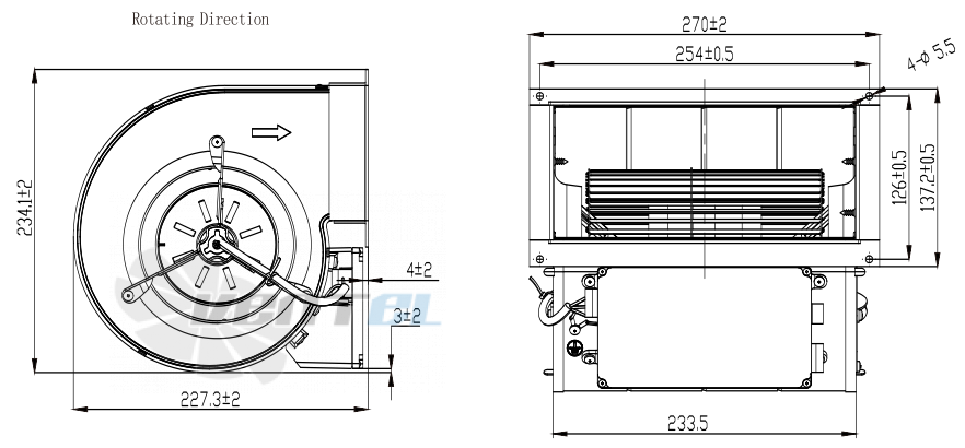 Присоединительные размеры Fans-tech DH146E5-AGT-00 с вперед загнутыми лопатками EC