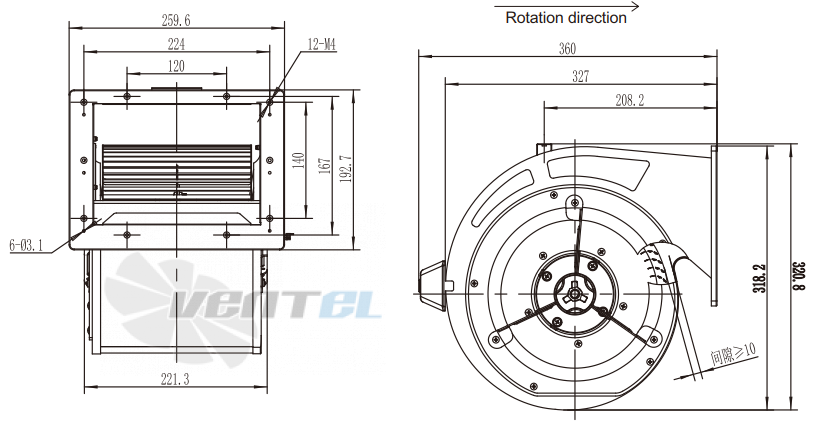 Присоединительные размеры Fans-tech DH220E5-AF5-00 с вперед загнутыми лопатками EC