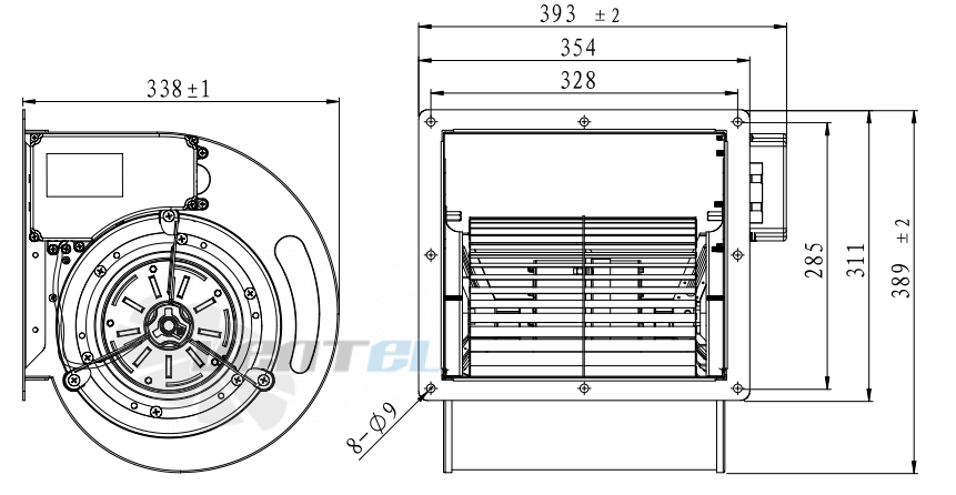Присоединительные размеры Fans-tech DH230F5-AGT-00 с вперед загнутыми лопатками EC